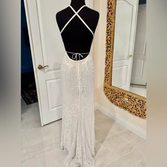 Elegant hand beaded intricate White Halter Dress - Picture 8 of 11